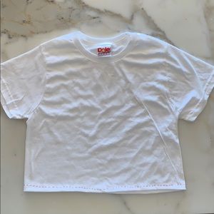 a white t-shirt with red stitching